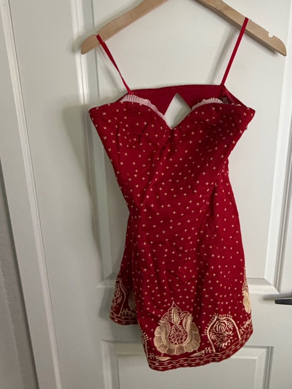Free People Red Printed Spaghetti-Strap Mini Dress with Cream Border